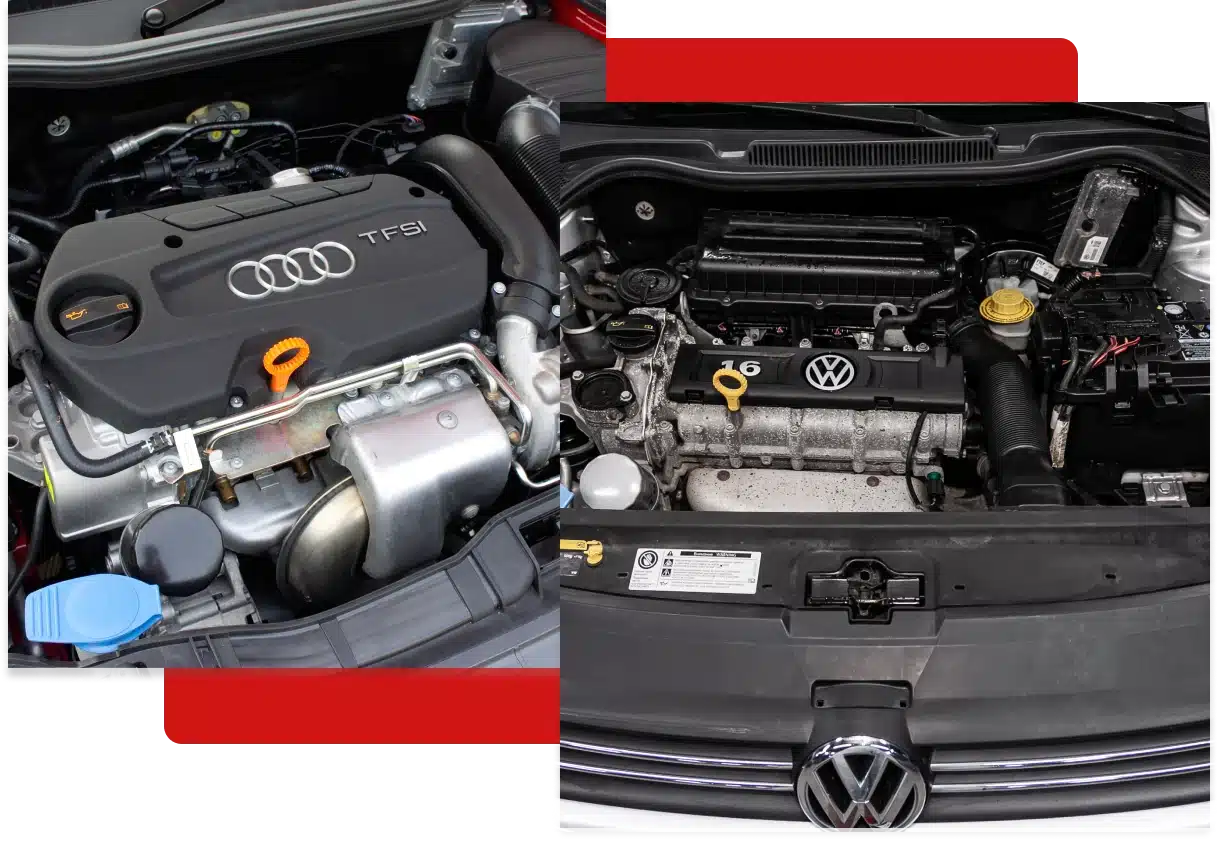 vw repair, audi repair, auto repair in Hanover, PA at Alex's Autoworks. Close-up view of an Audi engine and a Volkswagen engine, highlighting expert repair services for Audi and VW vehicles.