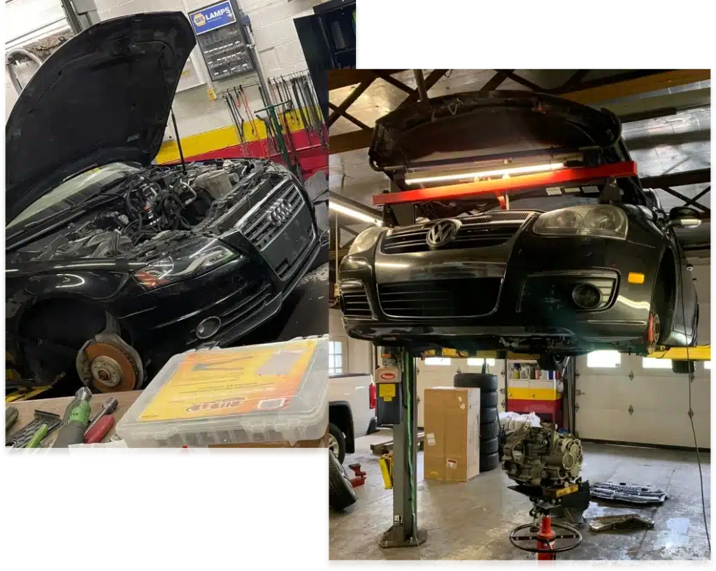 european auto repair in Hanover, PA at Alex's Autoworks. An image of Audi undergoing engine work and a Volkswagen on a lift for major maintenance in a professional shop.