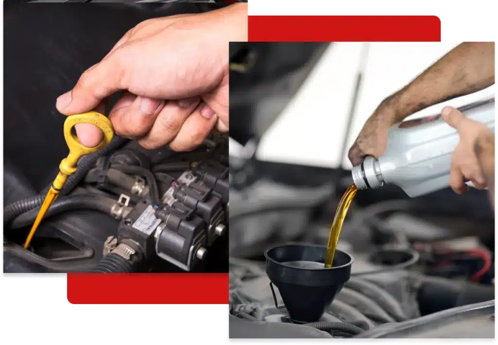 oil change service, auto repair in Hanover, PA at Alex's Autoworks. Oil change service with oil level dipstick check and fresh engine oil being poured into a car engine.