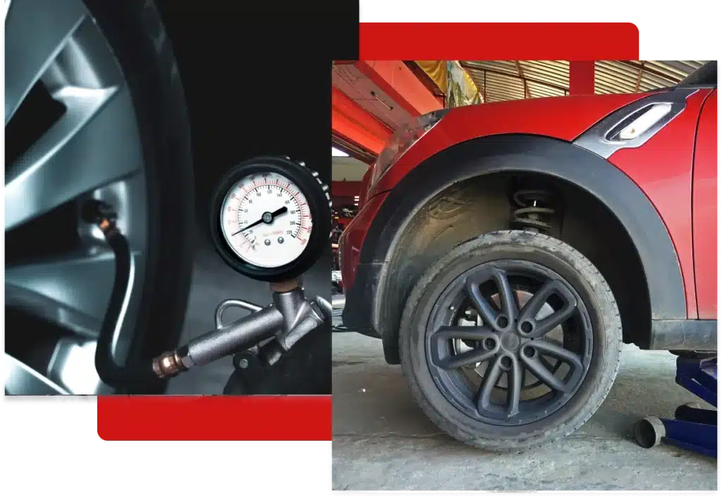 tire services, auto repair in Hanover, PA at Alex's Autoworks. Tire pressure check and suspension inspection on a red vehicle.