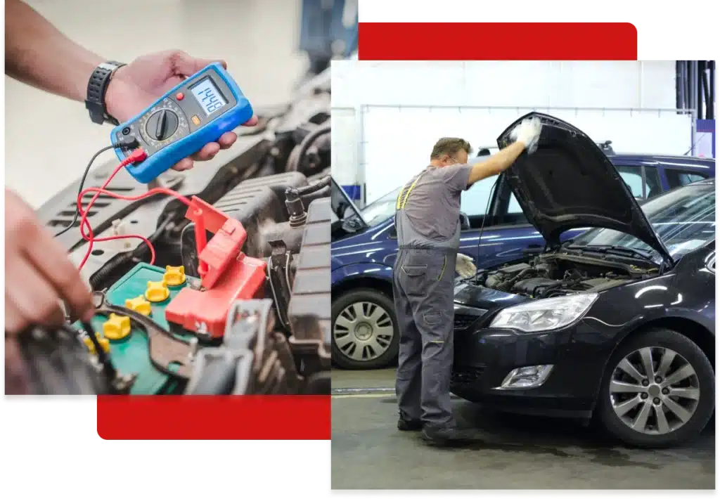 vehicle diagnostics and programming, auto repair in Hanover, PA at Alex's Autoworks. Mechanic testing a car battery and inspecting a vehicle engine under the hood.