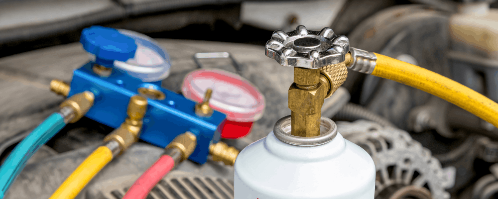 Car a/c repair, auto repair in Hanover, PA at Alex’s Autoworks. Image of automotive air conditioning recharge equipment and refrigerant gauges connected to a vehicle during professional A/C diagnostics and cooling system service.